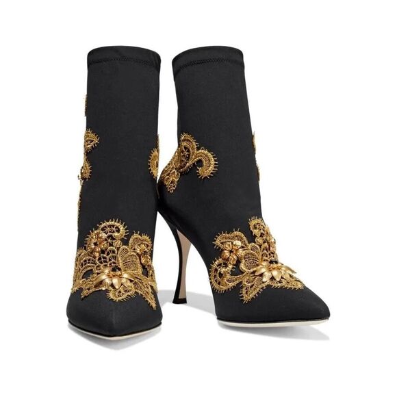 DOLCE & GABBANA Lori 100 Baroque Embroidery Lace Stretch Sock Boot Black Gold 35 - Picture 2 of 8